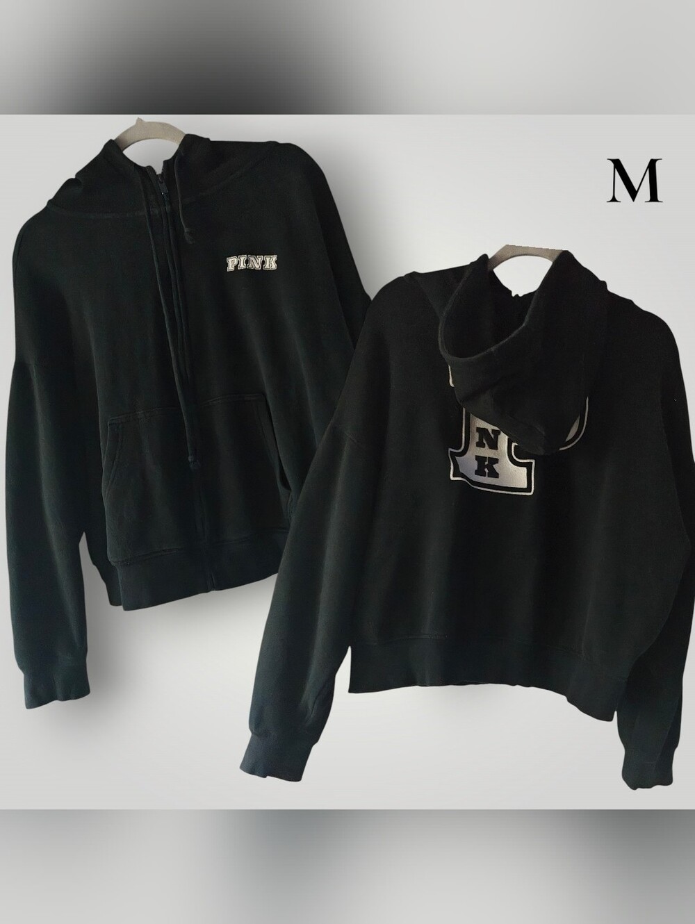 PINK Victoria's Secret Black Zip Hoodie with White Lettering